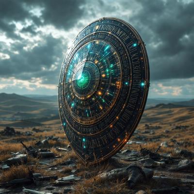 The primary subject of the image is a large, circular object with a clock face and a green center. The object is placed in a field with a backdrop of mountains. The visual style of the image is digital art, as it appears to be a computer-generated or manipulated image. The colors and mood of the image are predominantly dark, with the circular object being the main focal point.